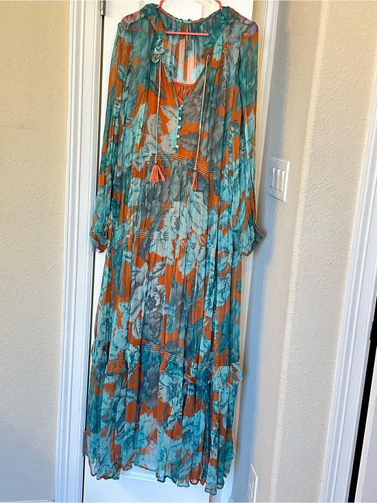 Anthropologie Dresses & Skirts - Anthropologie Sheer Floral Boho Maxi Dress in Teal and Rust